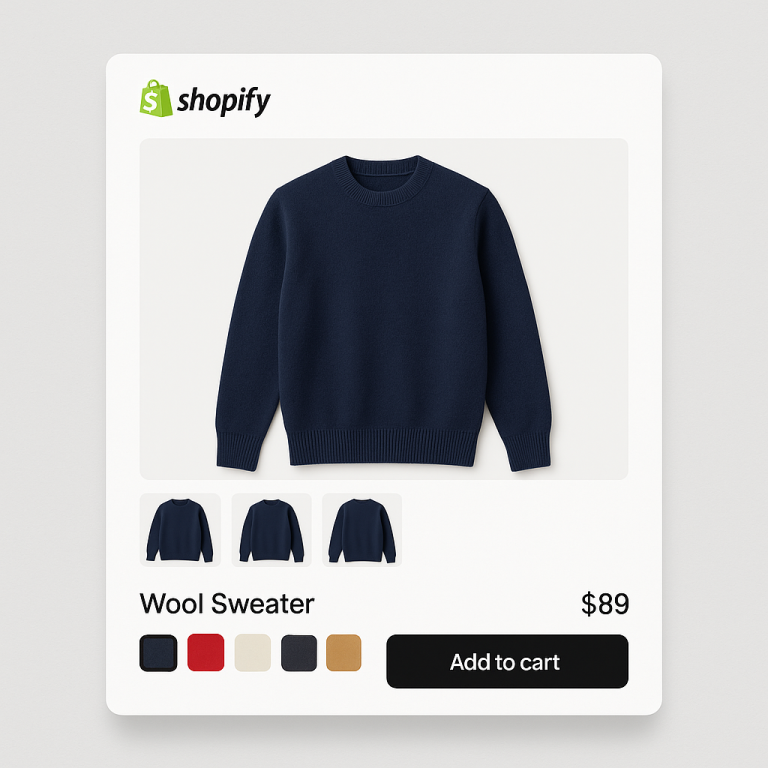 Shopify product page with navy wool sweater and variant color swatches