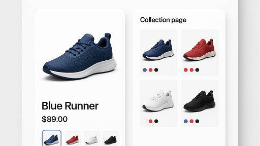 Shopify combined listings product page and collection page with color swatches
