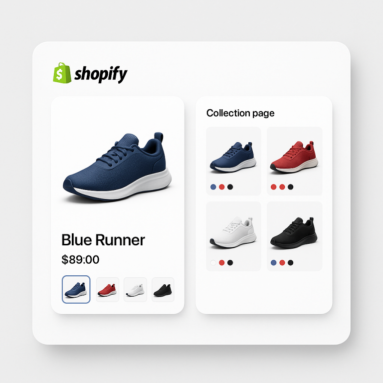 Shopify combined listings product page and collection page with color swatches