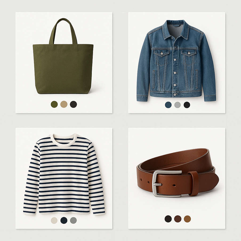 Kollektionsseite mit vier Produktkarten und Farbpunkten