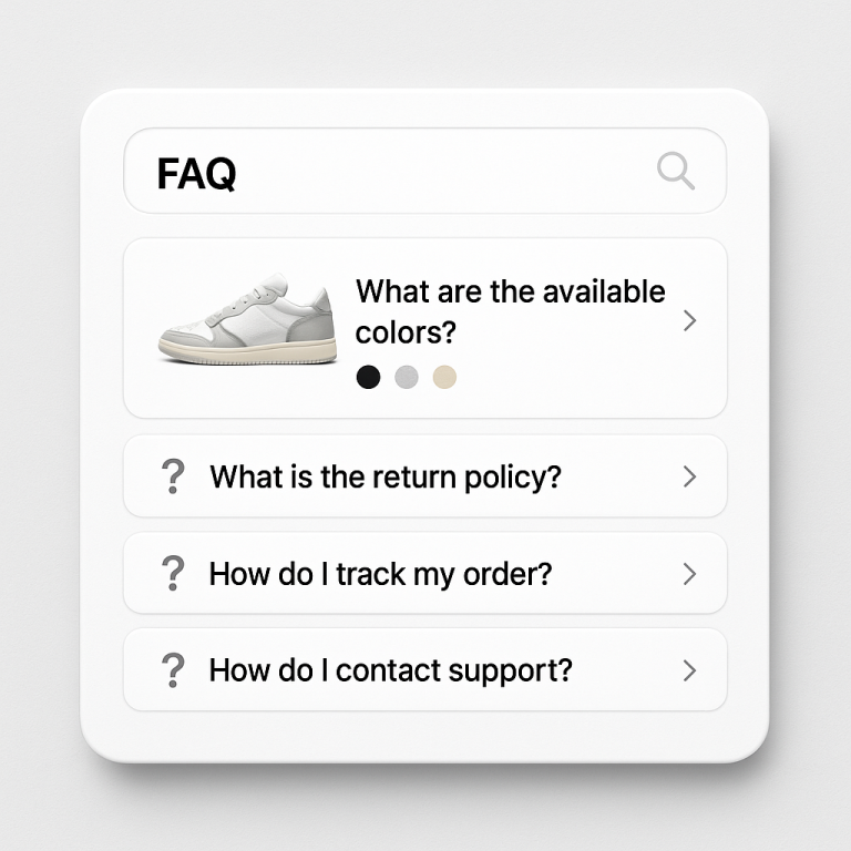 FAQ mit erweiterbaren Fragen und Produktbild