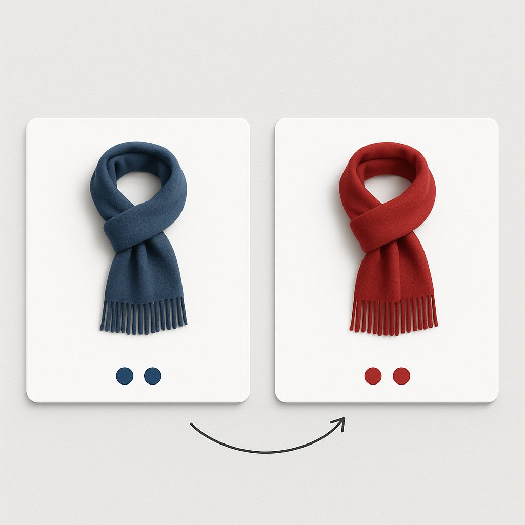 Zwei Produktkarten mit Winterschals verbunden durch Farbfelder