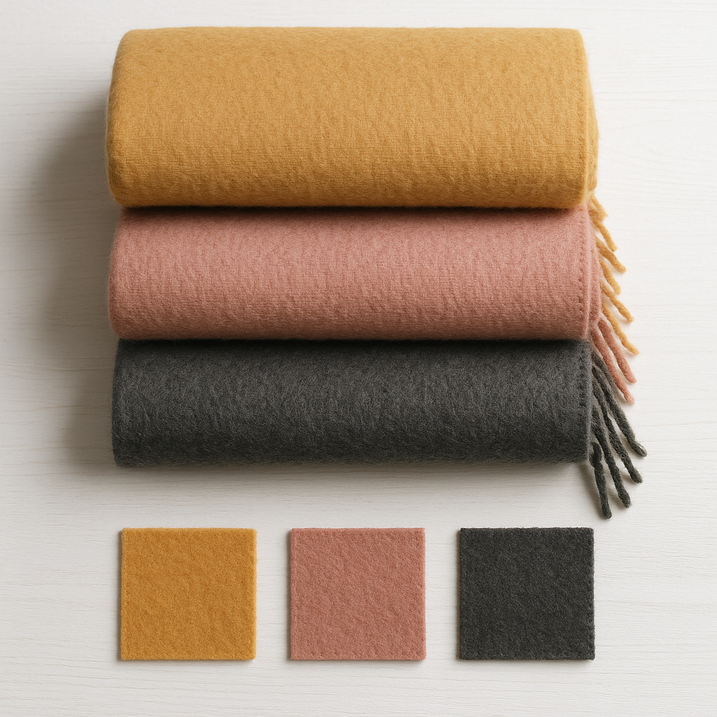 Drei Wolldecken mit passenden Farbmuster-Karten