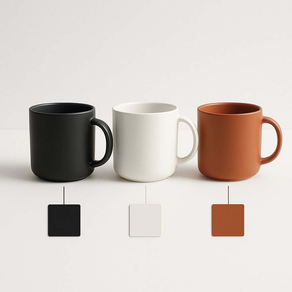 Drei Kaffeetassen in verschiedenen Farben mit Farbfeldern