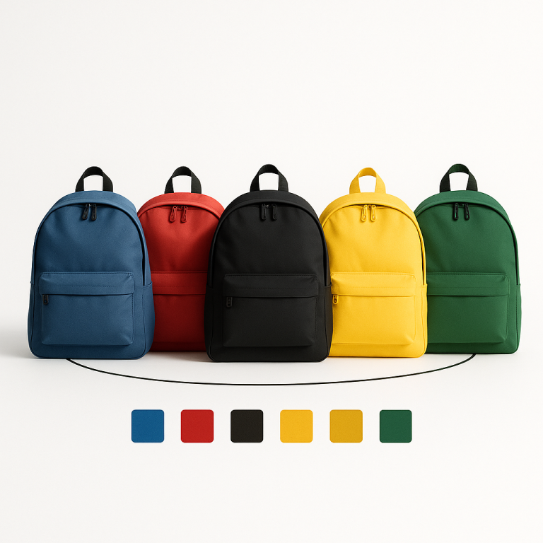 Five backpacks in different colors grouped together with swatch tiles