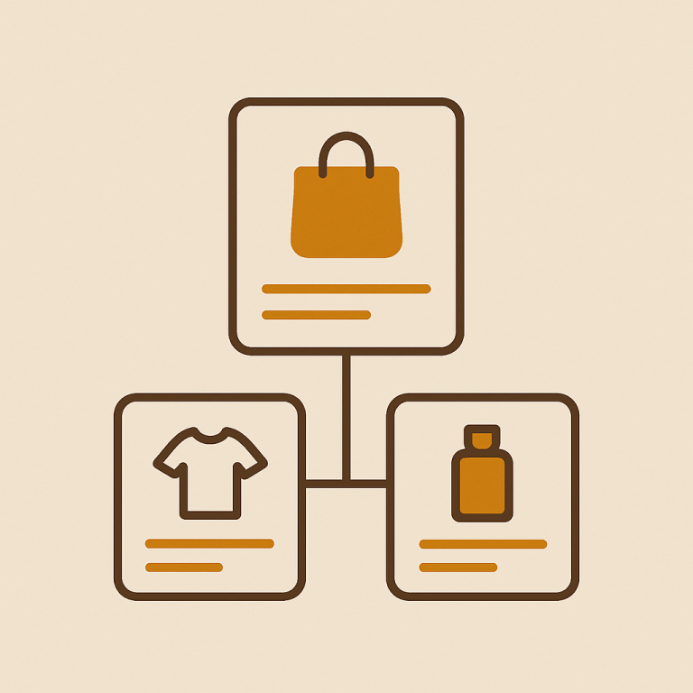 multiple product cards grouped together with a connecting line