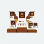 five product cards being merged into a single combined listing card with color swatch dots beneath, ranked podium tiers showing 1st 2nd 3rd in visual hierarchy without numbers, dark chocolate brown and amber tones, premium editorial illustration of best Shopify combined listings apps comparison