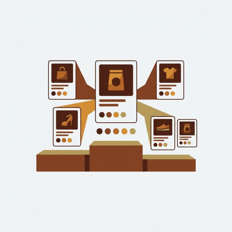 five product cards being merged into a single combined listing card with color swatch dots beneath, ranked podium tiers showing 1st 2nd 3rd in visual hierarchy without numbers, dark chocolate brown and amber tones, premium editorial illustration of best Shopify combined listings apps comparison
