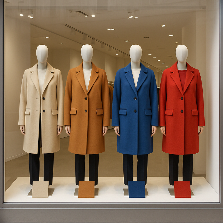 Etalage met mannequins in gekleurde jassen