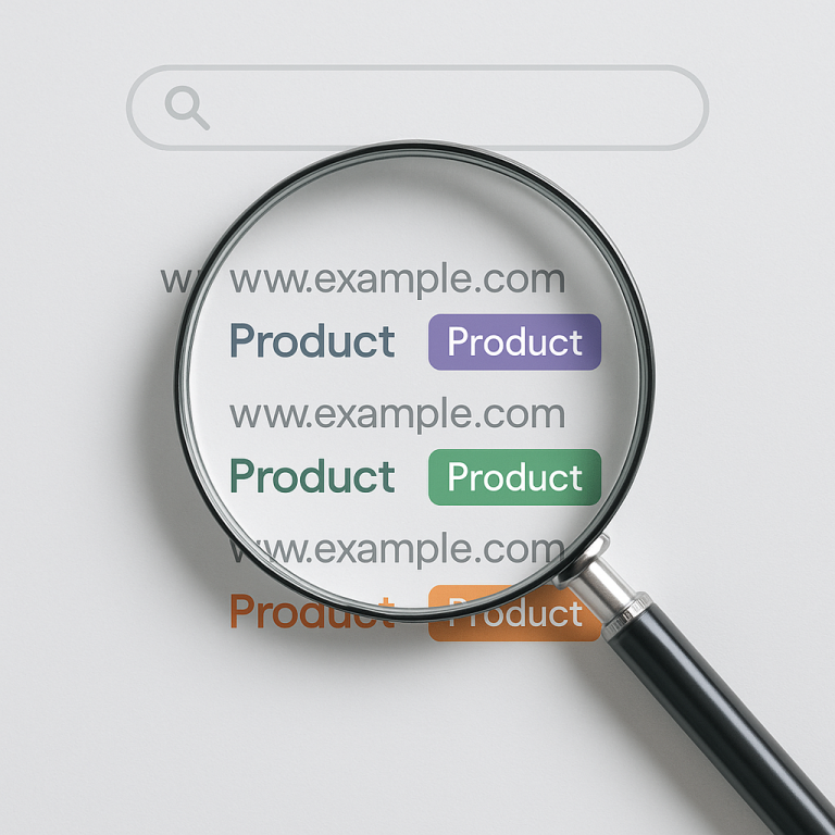 Vergrootglas over zoekresultaten met gekleurde URLs