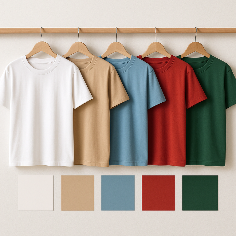 Farklı renk tişörtler askıda