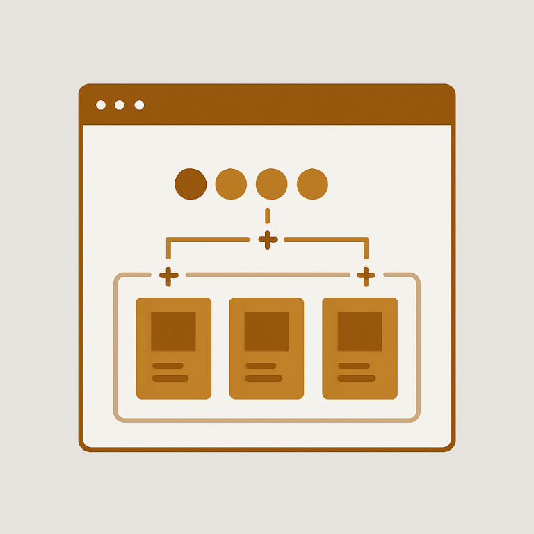 a page builder canvas with grouped product cards connected by a swatch row