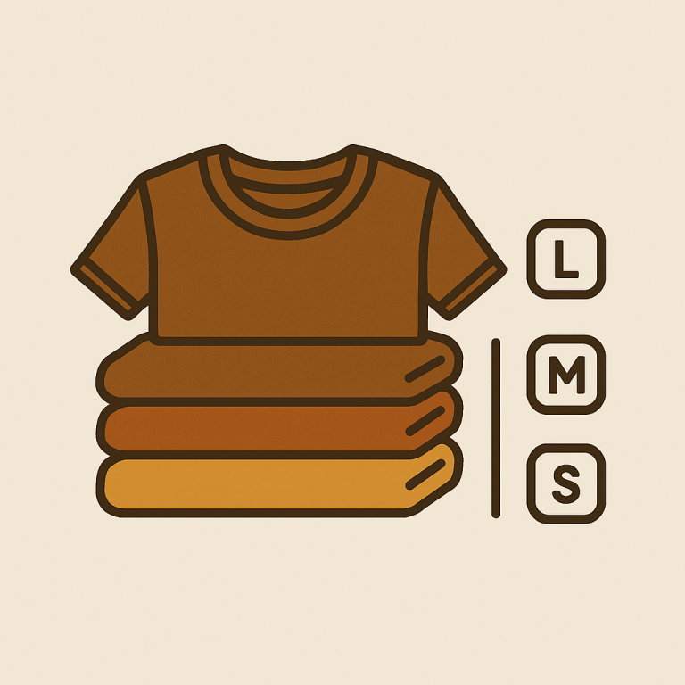 a stack of t-shirts in different colors with size labels and grouping line