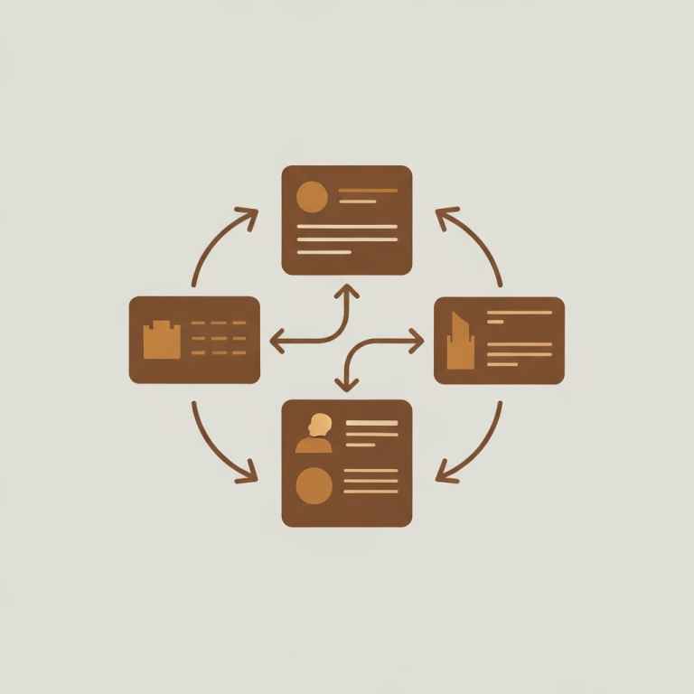 a flow chart with product cards and automation arrows
