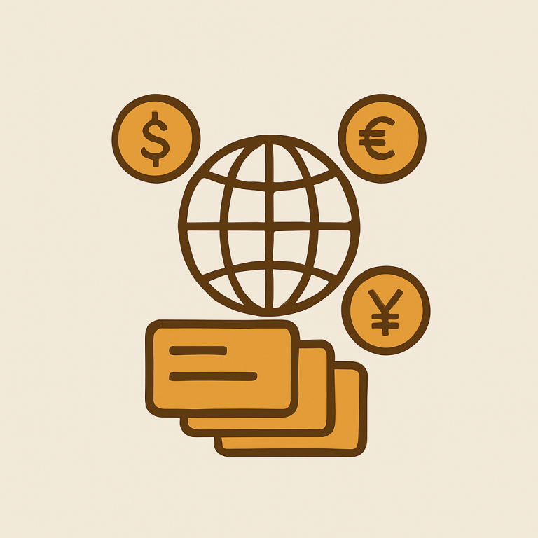 globe icon with currency symbols around grouped product cards