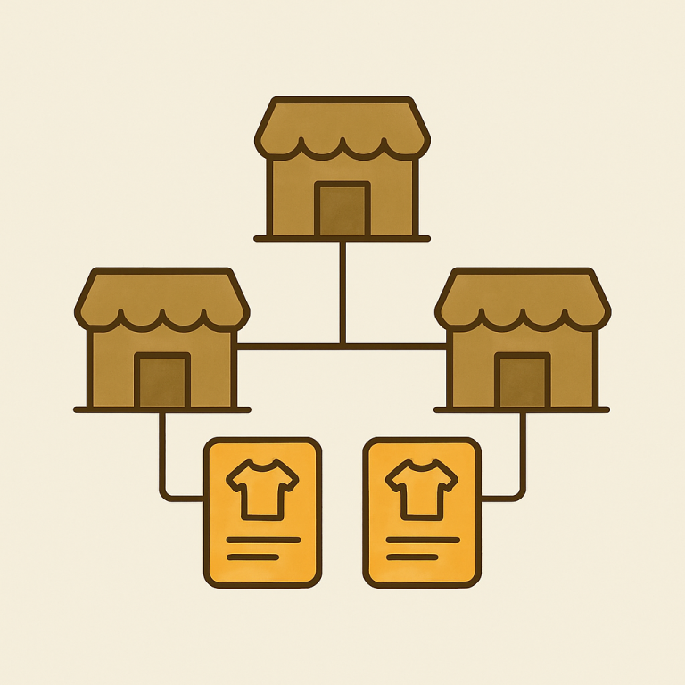 multiple storefront icons connected by lines with shared product cards