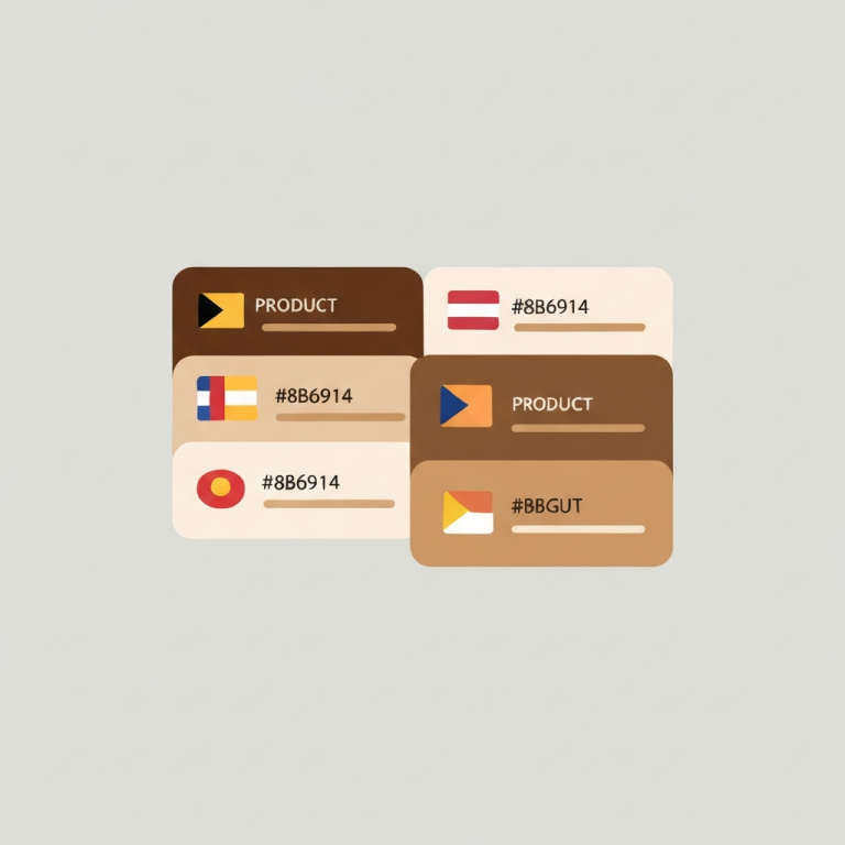 product cards with language flag labels