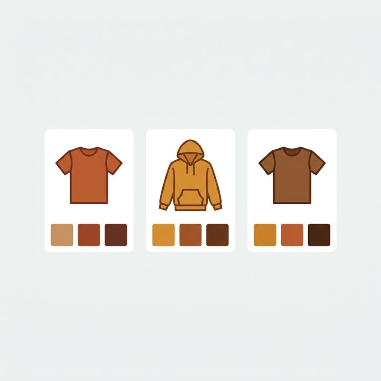 an apparel collection grid of tees and hoodies with color swatches under each card