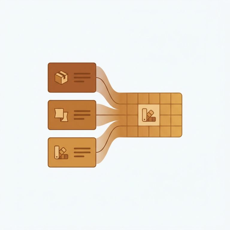 three separate product cards visually merging into one swatch-linked card on a collection grid