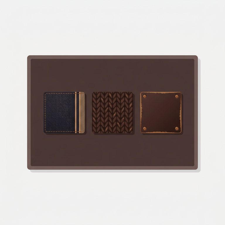 a row of square fabric texture swatches denim wool and leather on a product card