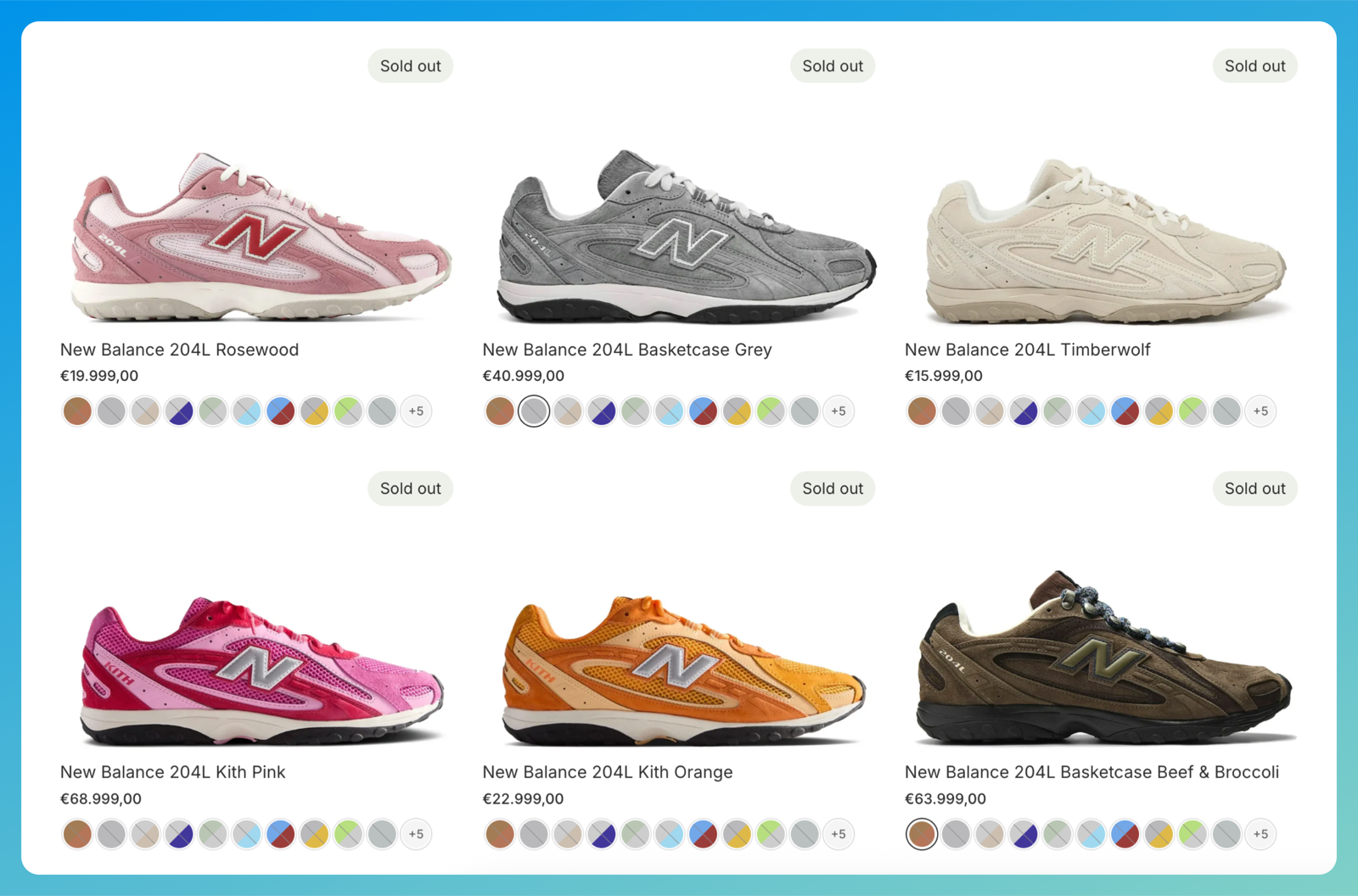 Shopify collection page showing every New Balance 204L colorway as a separate sold out product card with its own swatch row