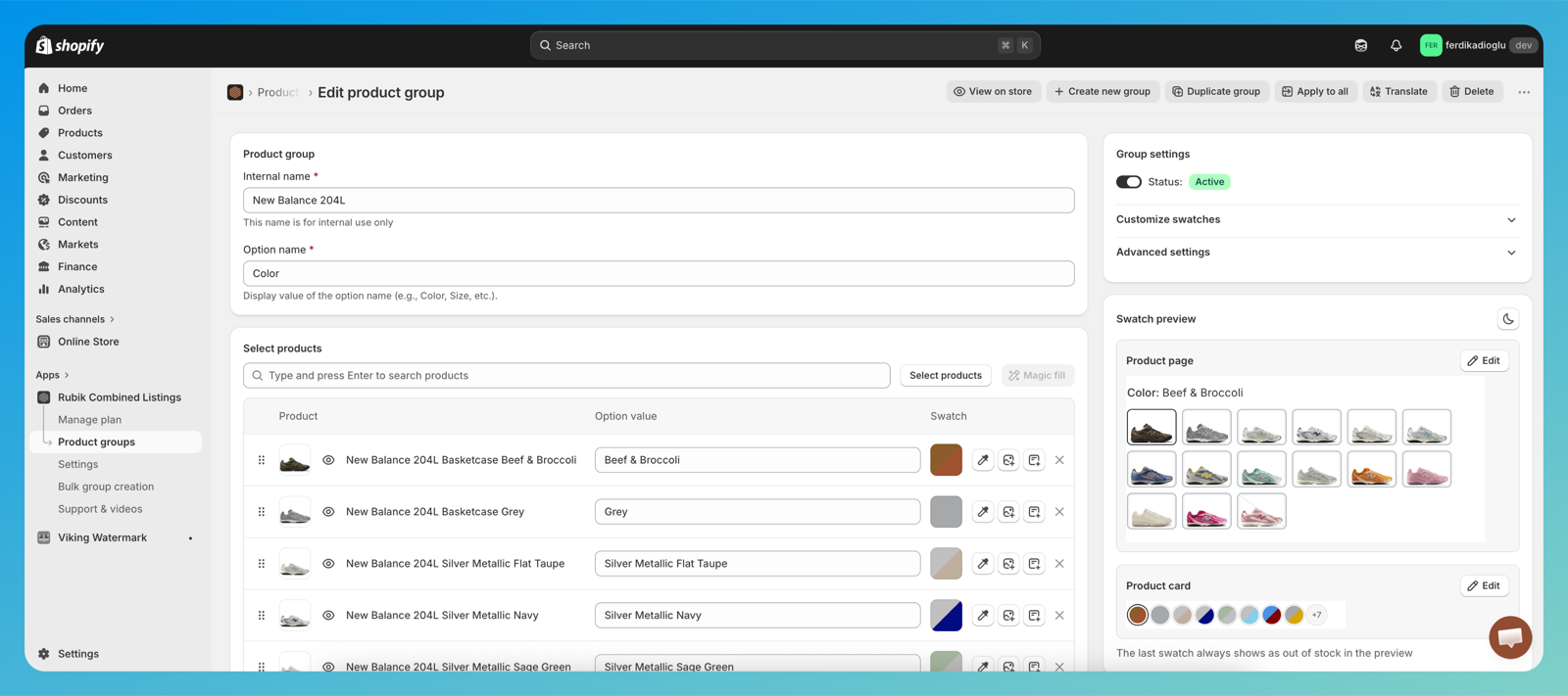 Rubik Combined Listings edit product group screen with a Color option and swatches for every New Balance 204L colorway