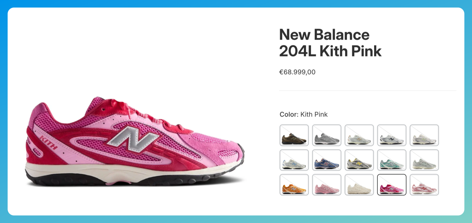 Shopify product page for one colorway showing the full color swatch row for the whole combined listing