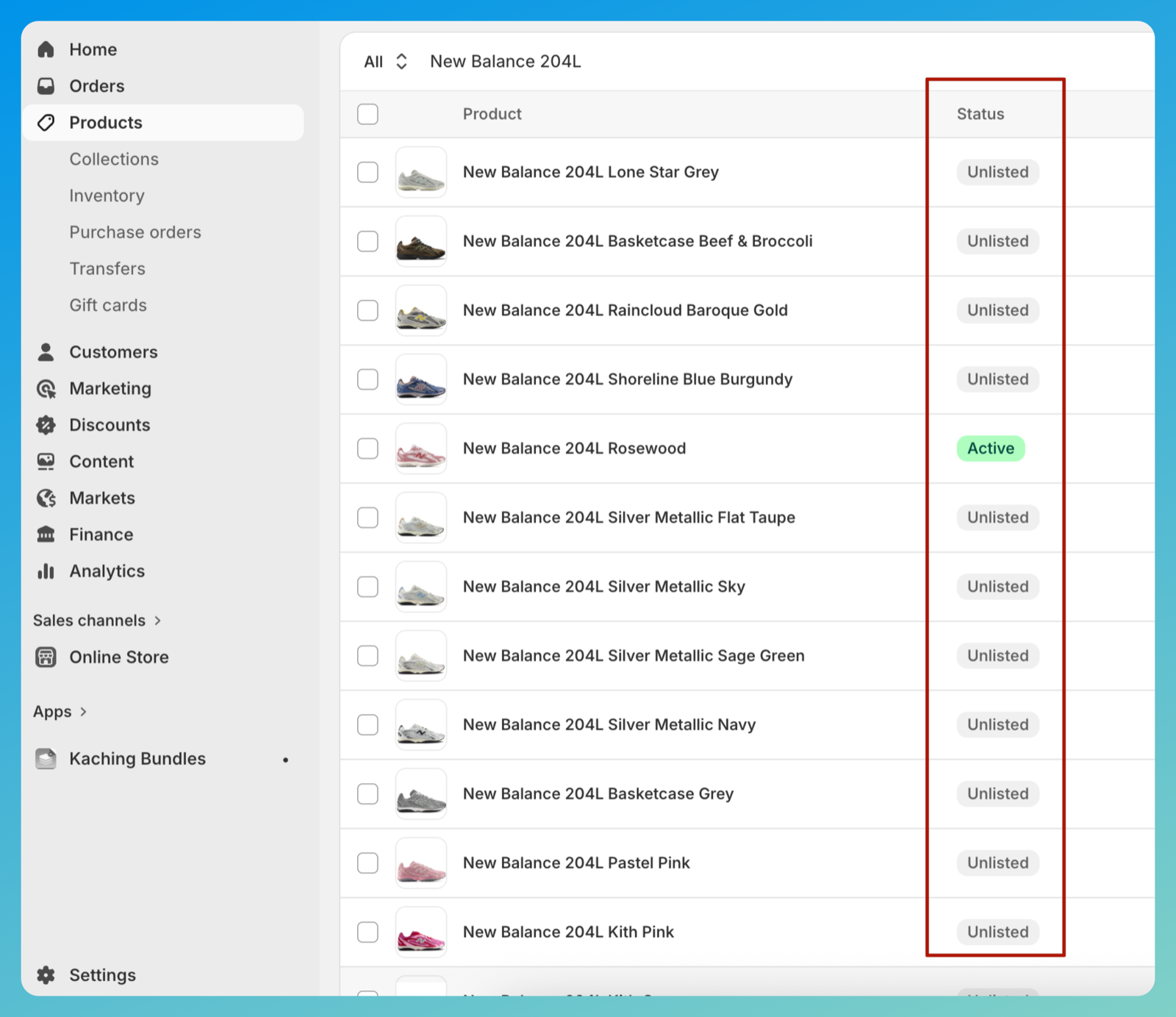 Shopify admin Products list with the Status column showing Unlisted for every colorway except one Active product