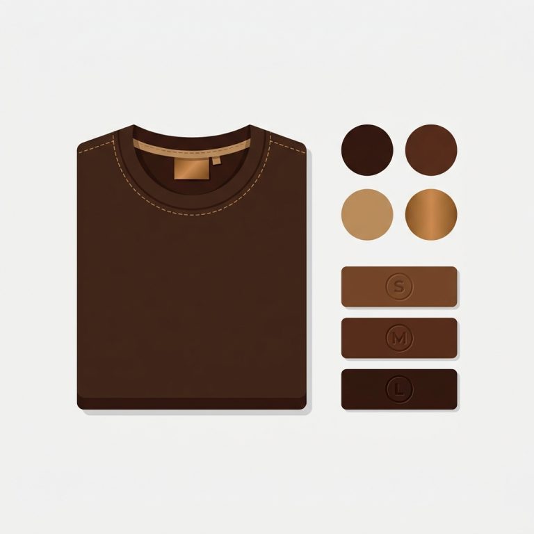 a folded t-shirt beside a neat grid of color swatch circles and size tags, apparel catalog structure concept